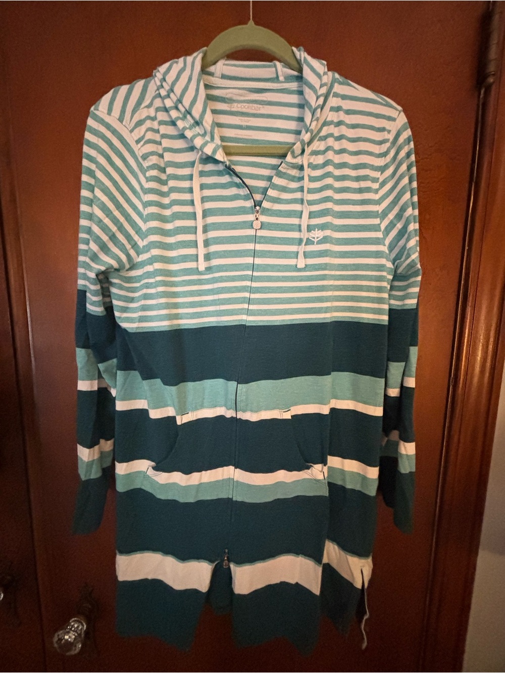 Coolibar Hooded Zip Front Striped Beach Coverup With Pockets Size M